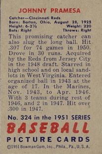 1951 Bowman #324 Johnny Pramesa RC back image