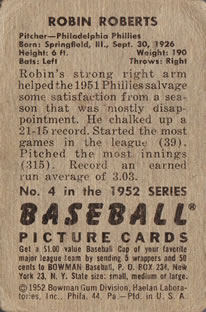 1952 Bowman #4 Robin Roberts back image