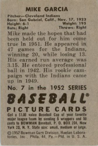 1952 Bowman #7 Mike Garcia back image