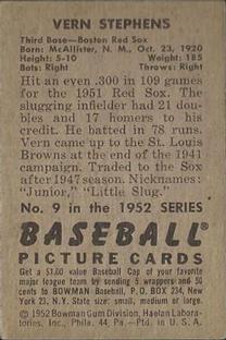 1952 Bowman #9 Vern Stephens back image