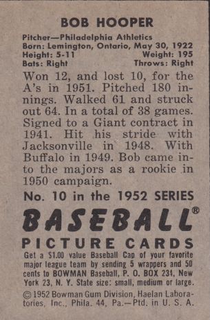 1952 Bowman #10 Bob Hooper back image