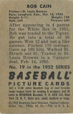1952 Bowman #19 Bob Cain back image
