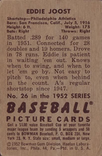 1952 Bowman #26 Eddie Joost back image