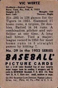 1952 Bowman #39 Vic Wertz back image