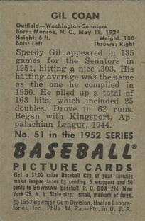 1952 Bowman #51 Gil Coan back image