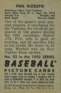 1952 Bowman #52 Phil Rizzuto back image