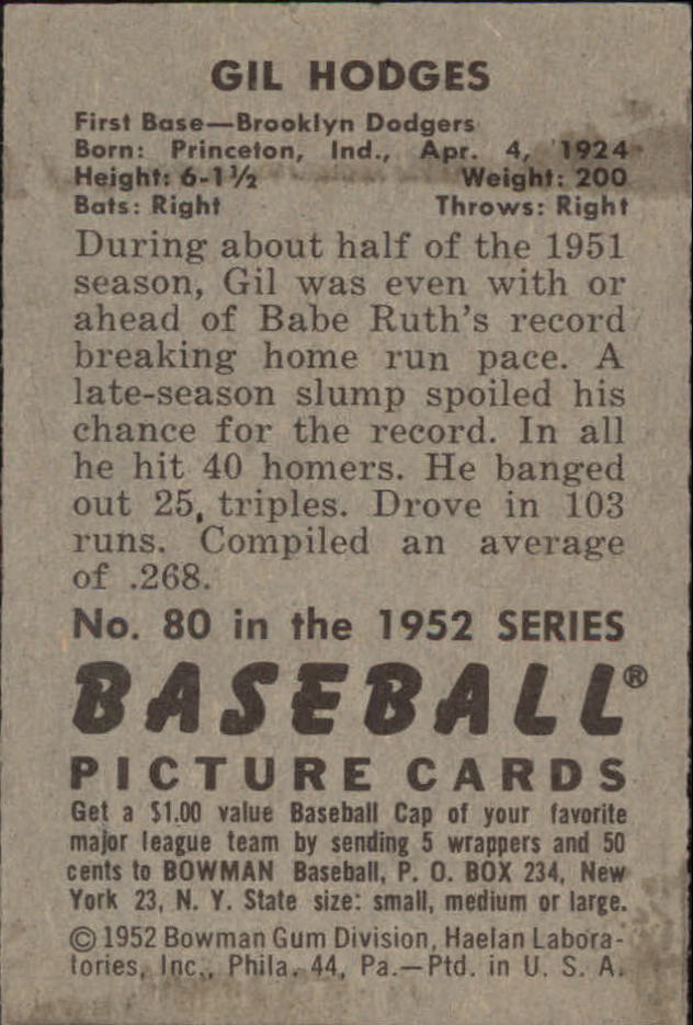1952 Bowman #80 Gil Hodges back image