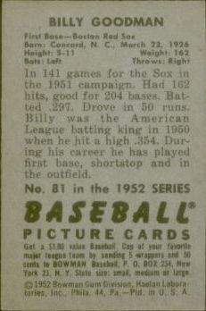 1952 Bowman #81 Billy Goodman back image