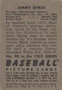 1952 Bowman #98 Jimmie Dykes MG back image
