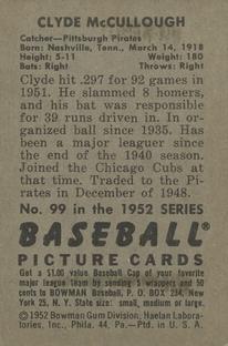 1952 Bowman #99 Clyde McCullough back image