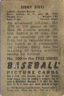 1952 Bowman #100 Sibby Sisti back image