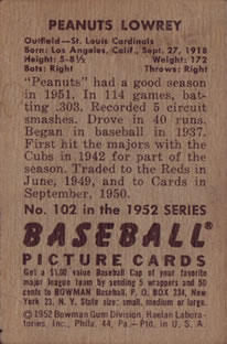 1952 Bowman #102 Peanuts Lowrey back image