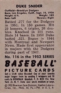 1952 Bowman #116 Duke Snider back image