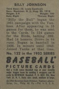 1952 Bowman #122 Billy Johnson back image