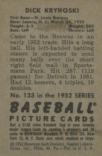 1952 Bowman #133 Dick Kryhoski back image