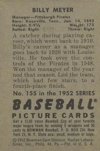 1952 Bowman #155 Billy Meyer MG back image