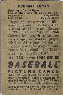 1952 Bowman #163 Johnny Lipon back image