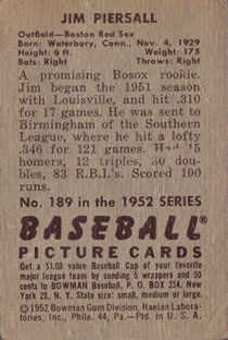 1952 Bowman #189 Jimmy Piersall back image