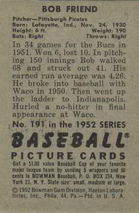 1952 Bowman #191 Bob Friend RC back image