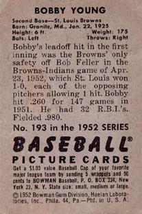 1952 Bowman #193 Bobby Young RC back image