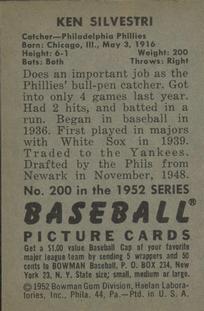 1952 Bowman #200 Ken Silvestri back image
