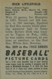 1952 Bowman #209 Dick Littlefield RC back image