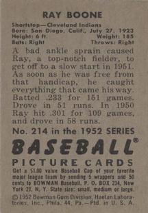 1952 Bowman #214 Ray Boone back image
