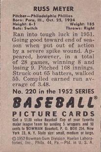 1952 Bowman #220 Russ Meyer back image