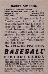 1952 Bowman #223 Harry Simpson RC back image
