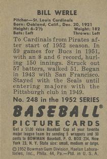 1952 Bowman #248 Bill Werle/Full name in signature back image