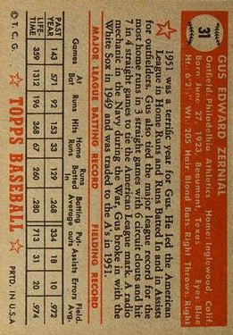 1952 Topps #31 Gus Zernial/Posed with six baseballs back image
