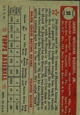 1952 Topps #51 Jim Russell back image