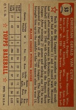 1952 Topps #53 Chris Van Cuyk RC back image