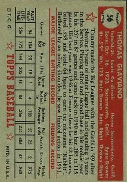 1952 Topps #56 Tommy Glaviano back image