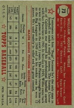 1952 Topps #73 Bill Werle back image