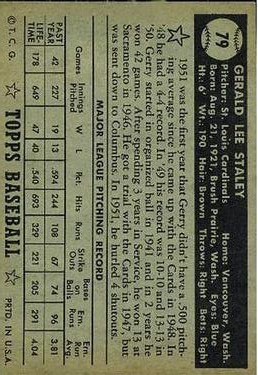 1952 Topps #79A Gerry Staley Black back image