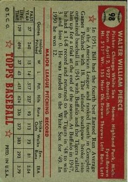1952 Topps #98 Billy Pierce back image