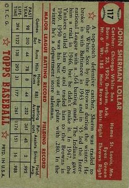 1952 Topps #117 Sherm Lollar back image