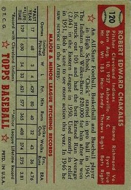 1952 Topps #120 Bob Chakales RC back image