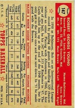 1952 Topps #147 Bob Young RC back image