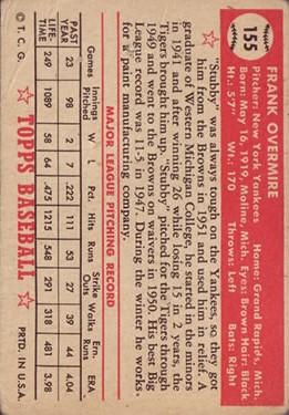 1952 Topps #155 Frank Overmire back image