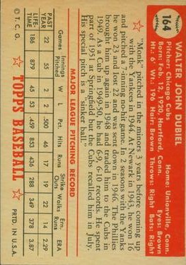 1952 Topps #164 Walt Dubiel back image
