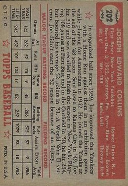 1952 Topps #202 Joe Collins RC back image