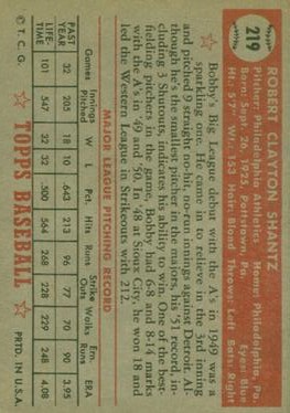 1952 Topps #219 Bobby Shantz back image