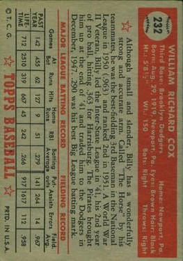1952 Topps #232 Billy Cox back image