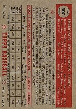 1952 Topps #307 Frank Campos RC/Two red stars on back in copyright line back image