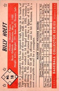 1953 Bowman Black and White #18 Billy Hoeft back image
