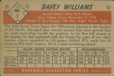 1953 Bowman Color #1 Davey Williams back image