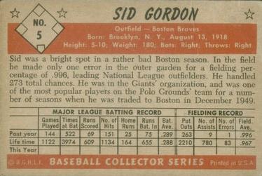 1953 Bowman Color #5 Sid Gordon back image