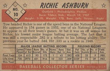 1953 Bowman Color #10 Richie Ashburn back image